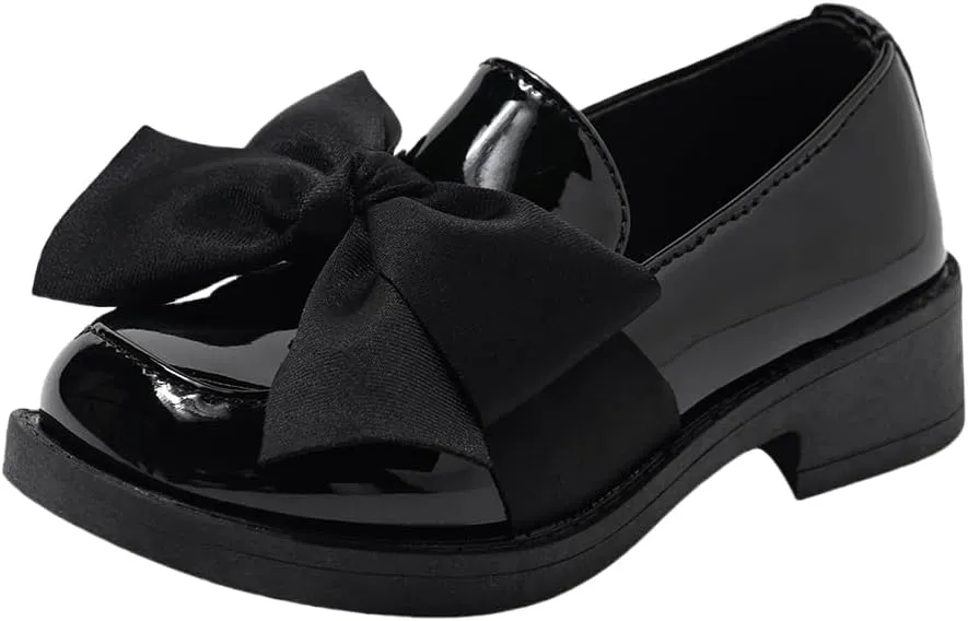 Girls Patent Leather Loafers with Black Bow, Slip-On Dress Shoes
