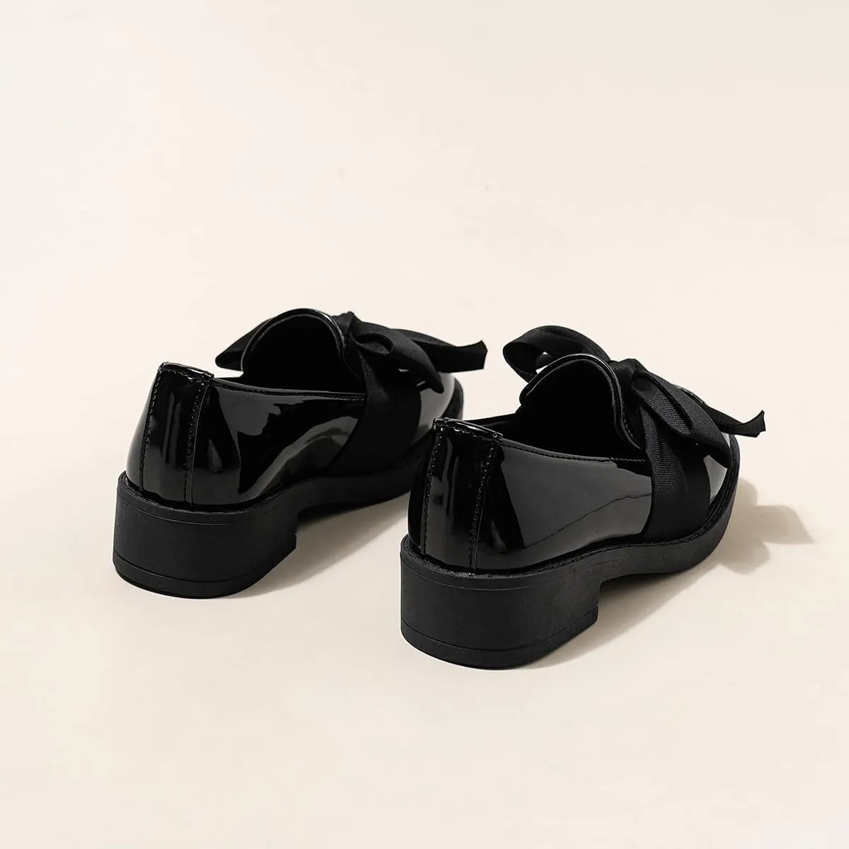 Girls Patent Leather Loafers with Black Bow, Slip-On Dress Shoes