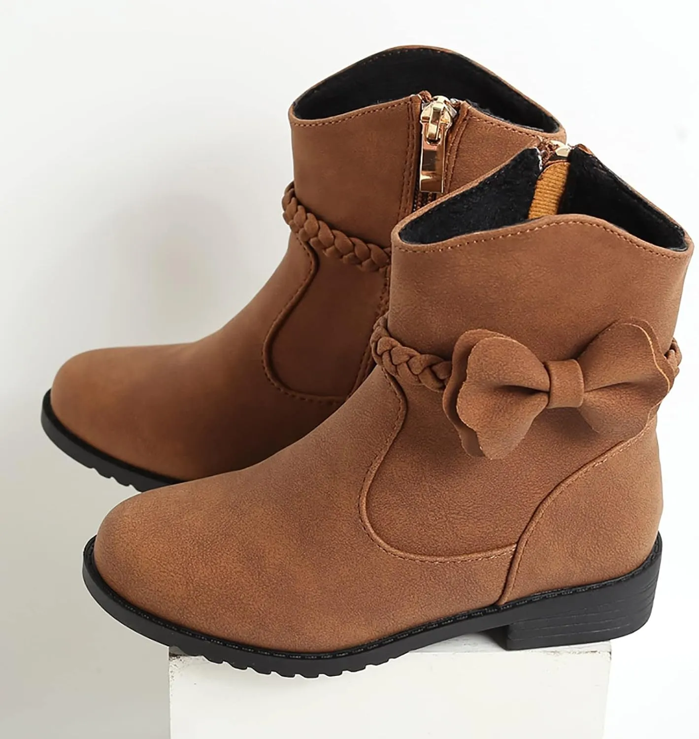 Girls Waterproof Outdoor Side Zipper Ankle Boots Bow Little Kid Low Heel Leather Western Boots Fall Booties
