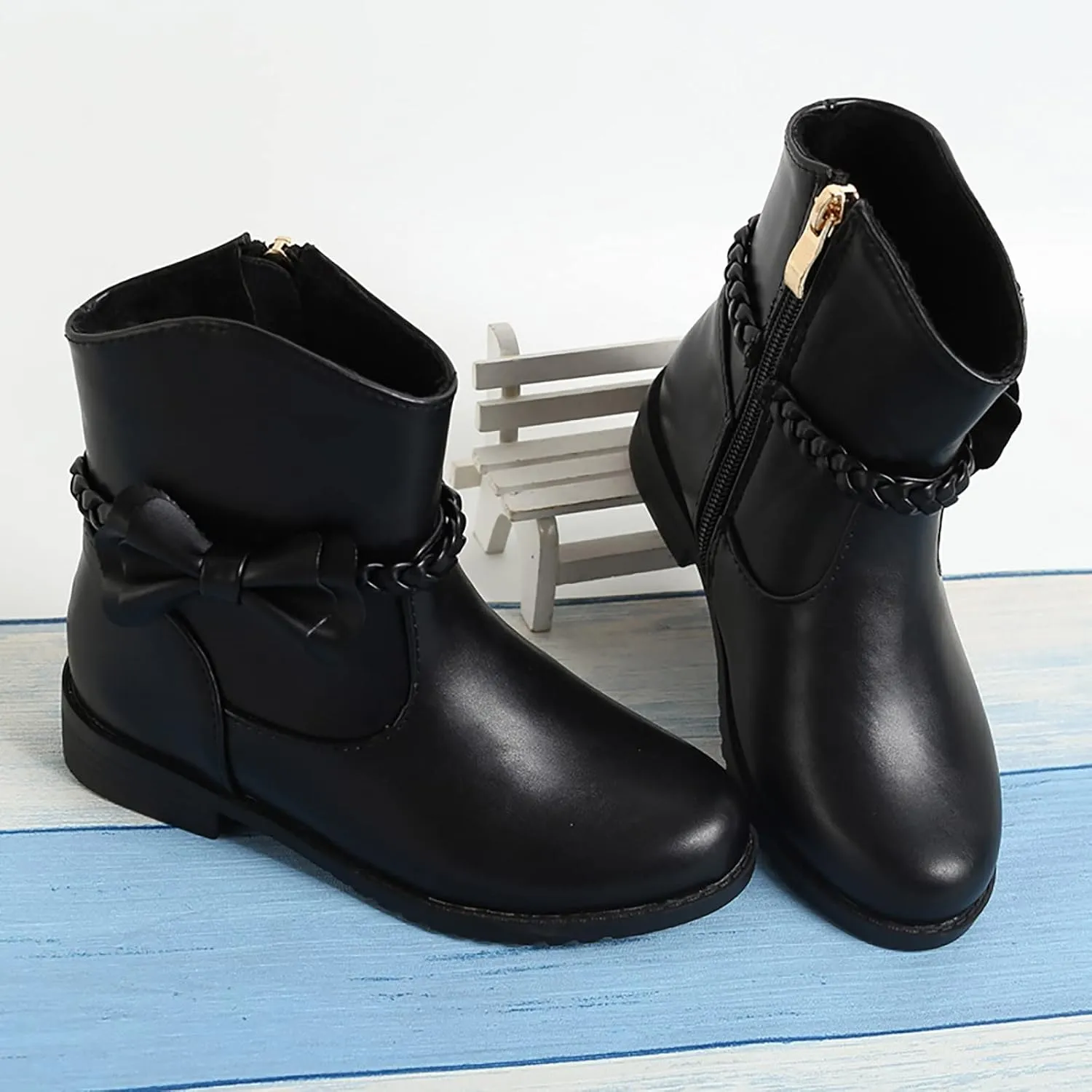 Girls Waterproof Outdoor Side Zipper Ankle Boots Bow Little Kid Low Heel Leather Western Boots Fall Booties