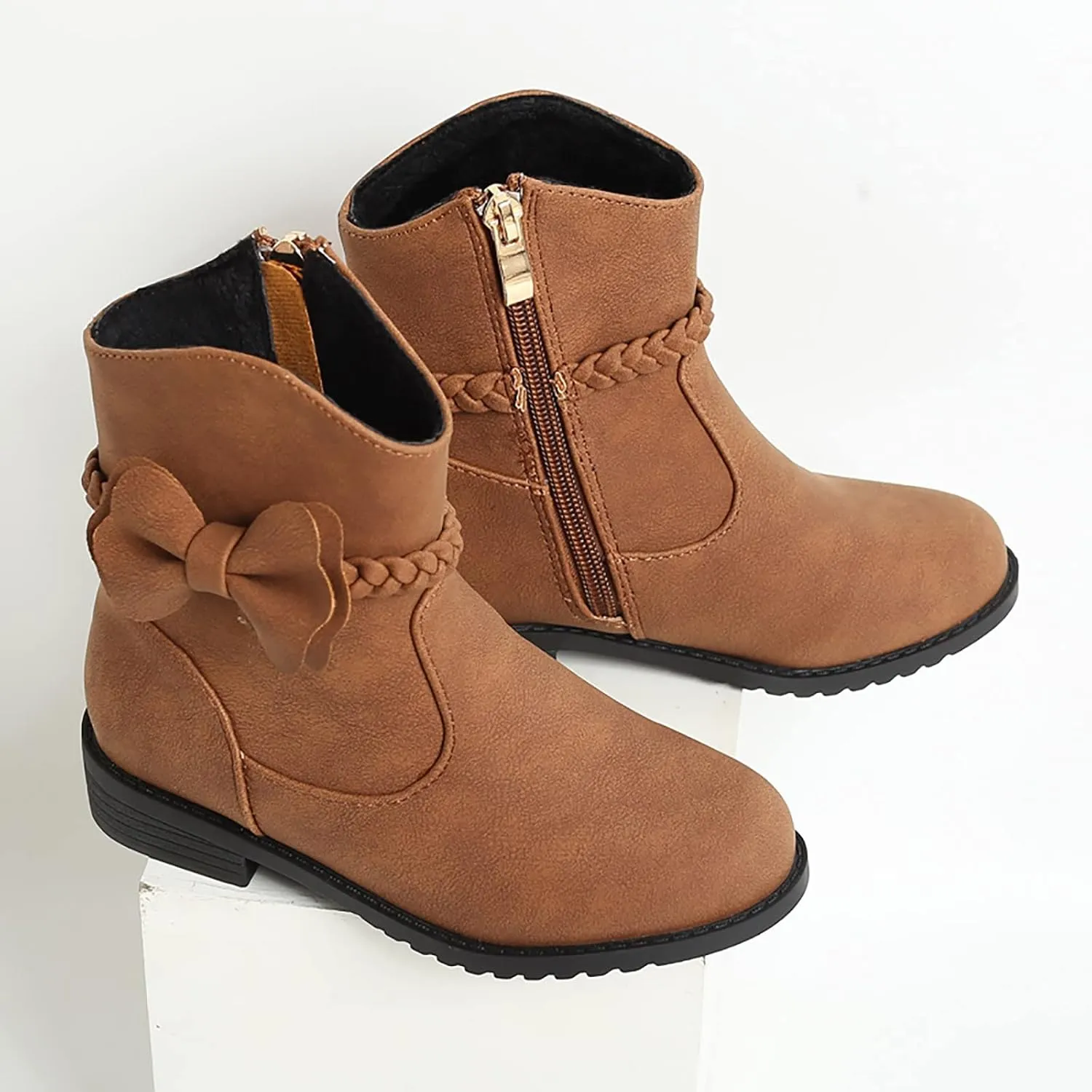 Girls Waterproof Outdoor Side Zipper Ankle Boots Bow Little Kid Low Heel Leather Western Boots Fall Booties