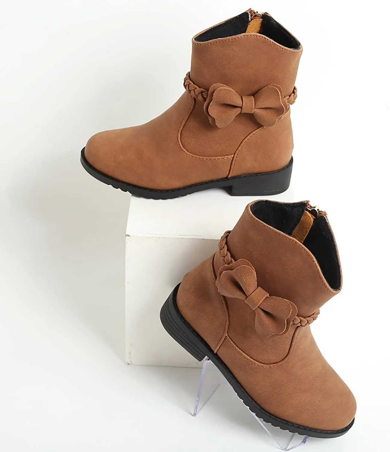 Girls Waterproof Outdoor Side Zipper Ankle Boots Bow Little Kid Low Heel Leather Western Boots Fall Booties