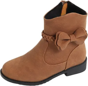 Girls Waterproof Outdoor Side Zipper Ankle Boots Bow Little Kid Low Heel Leather Western Boots Fall Booties