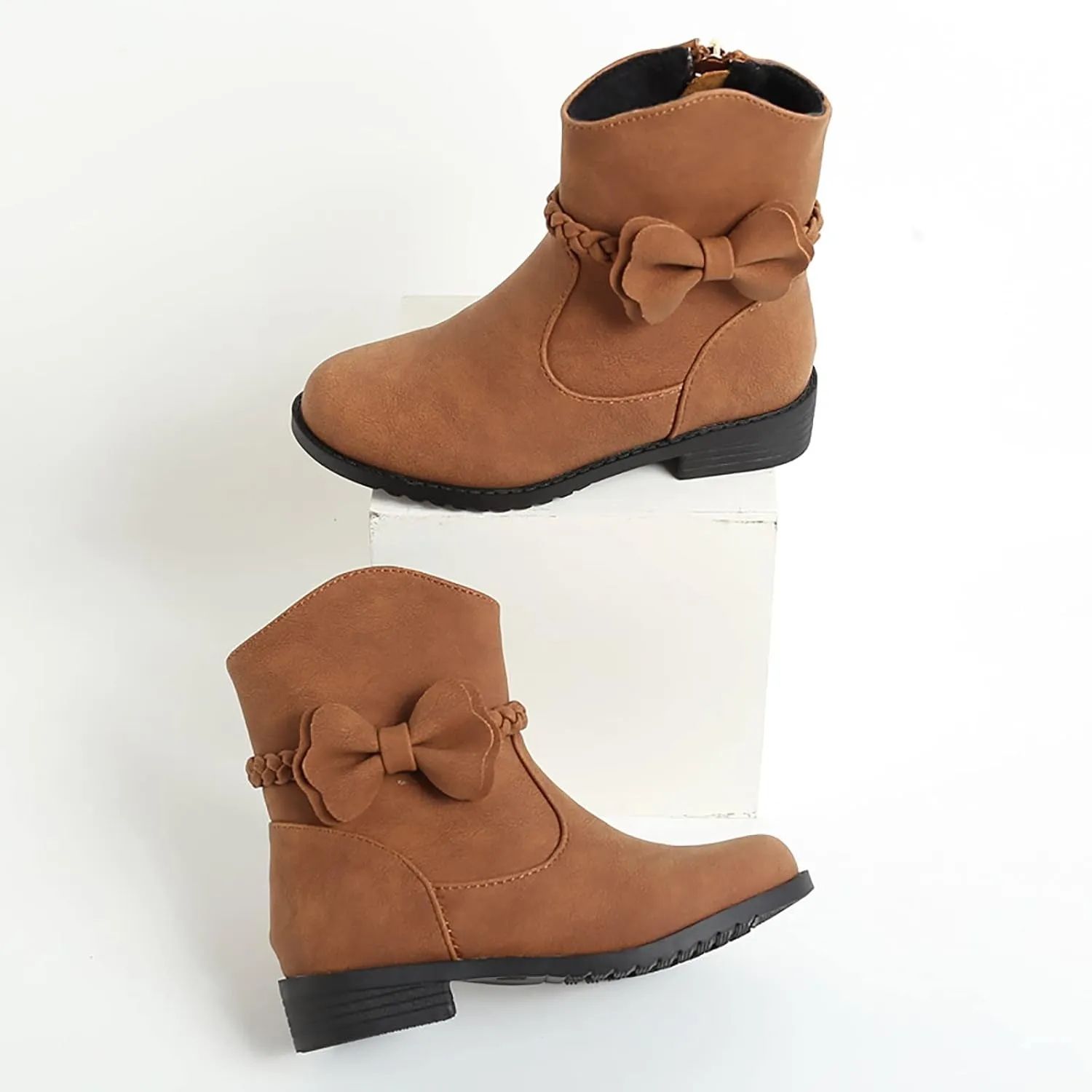 Girls Waterproof Outdoor Side Zipper Ankle Boots Bow Little Kid Low Heel Leather Western Boots Fall Booties
