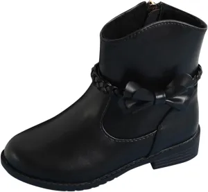 Girls Waterproof Outdoor Side Zipper Ankle Boots Bow Little Kid Low Heel Leather Western Boots Fall Booties