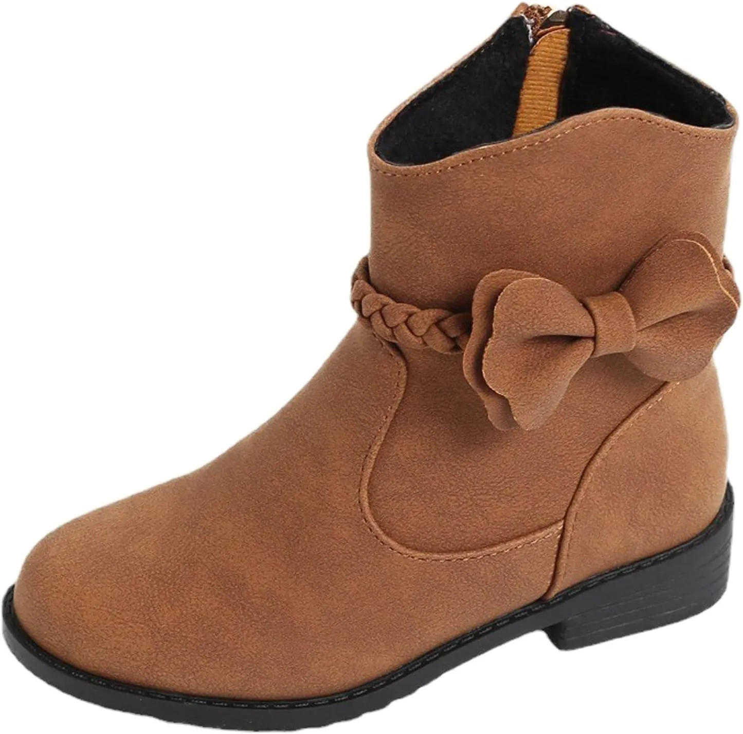 Girls Waterproof Outdoor Side Zipper Ankle Boots Bow Little Kid Low Heel Leather Western Boots Fall Booties