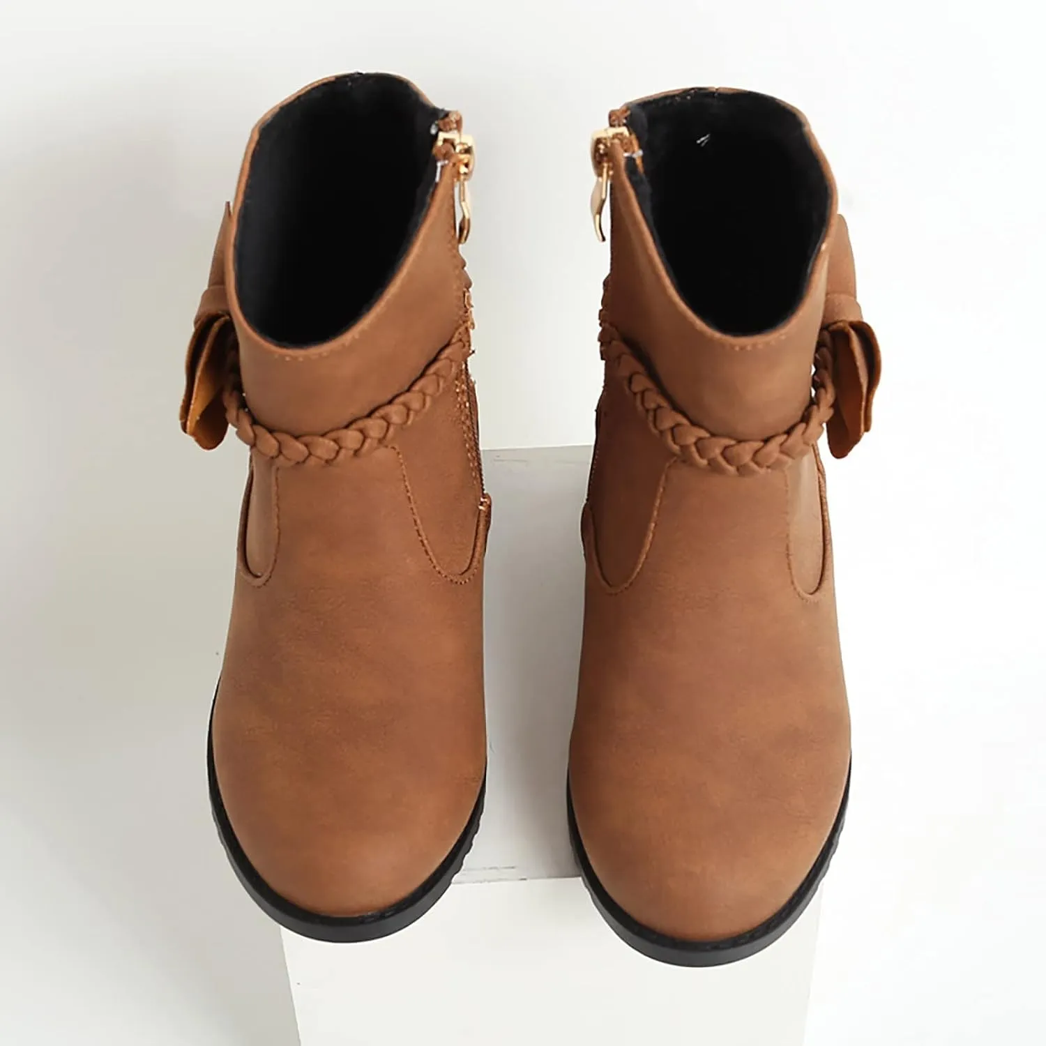 Girls Waterproof Outdoor Side Zipper Ankle Boots Bow Little Kid Low Heel Leather Western Boots Fall Booties
