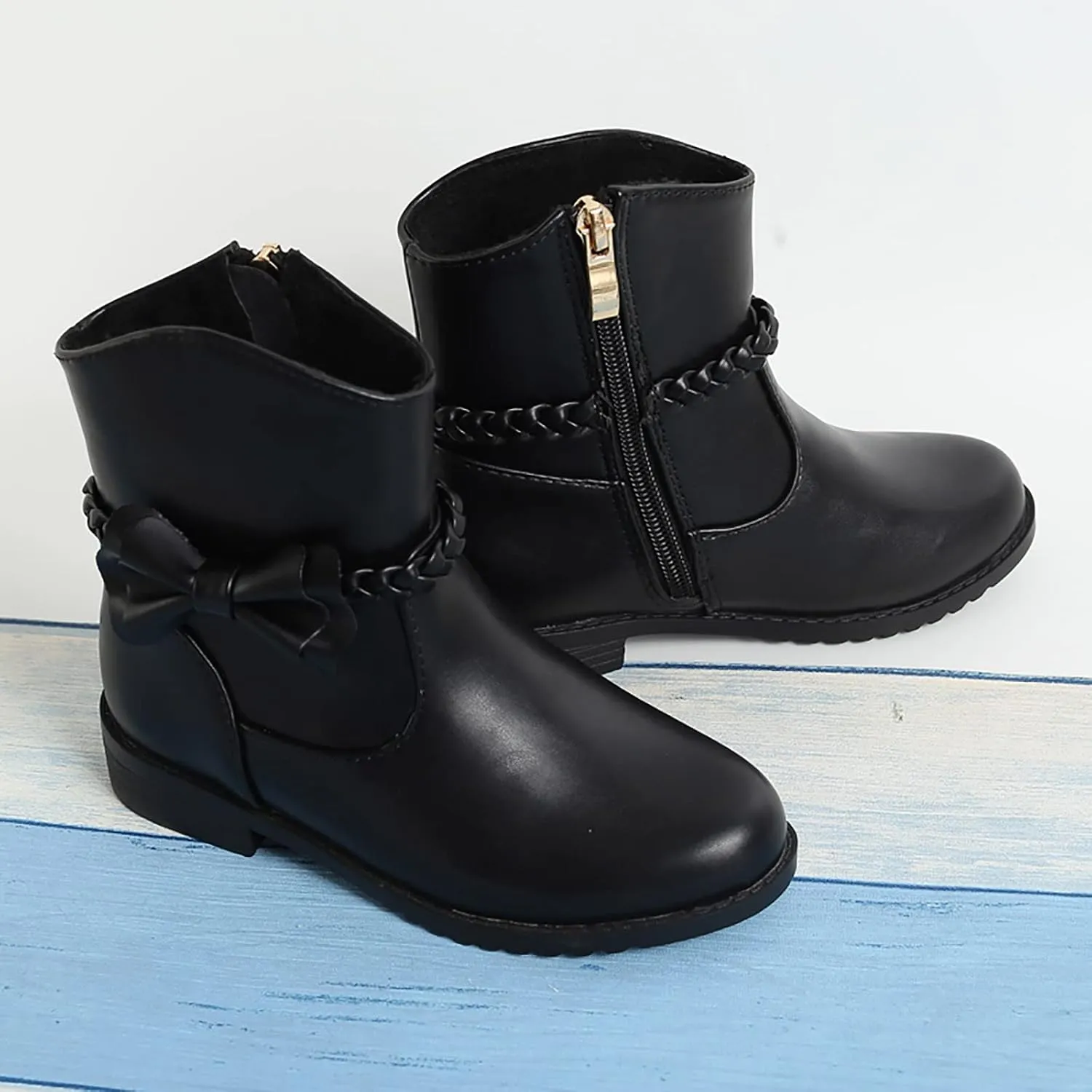 Girls Waterproof Outdoor Side Zipper Ankle Boots Bow Little Kid Low Heel Leather Western Boots Fall Booties