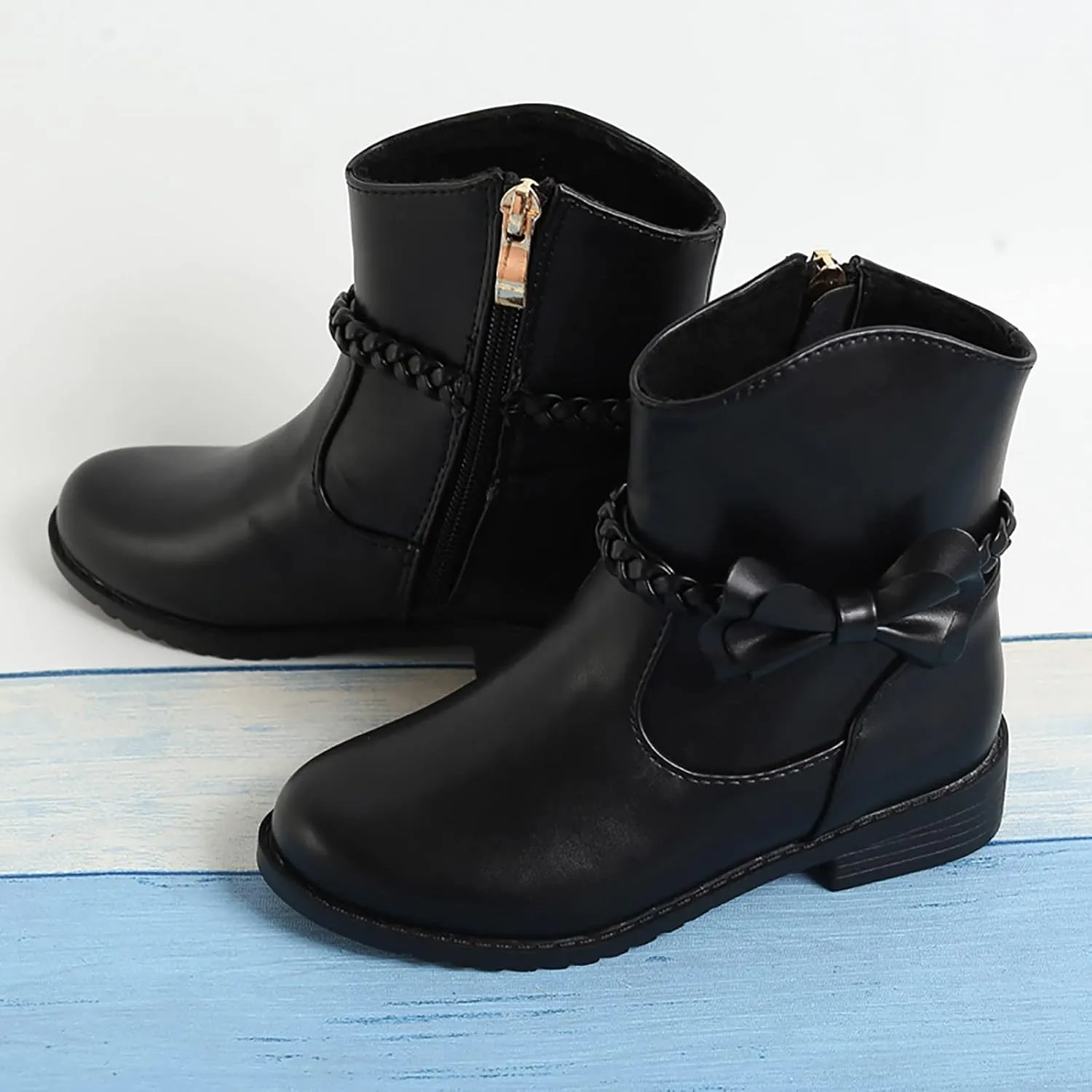Girls Waterproof Outdoor Side Zipper Ankle Boots Bow Little Kid Low Heel Leather Western Boots Fall Booties
