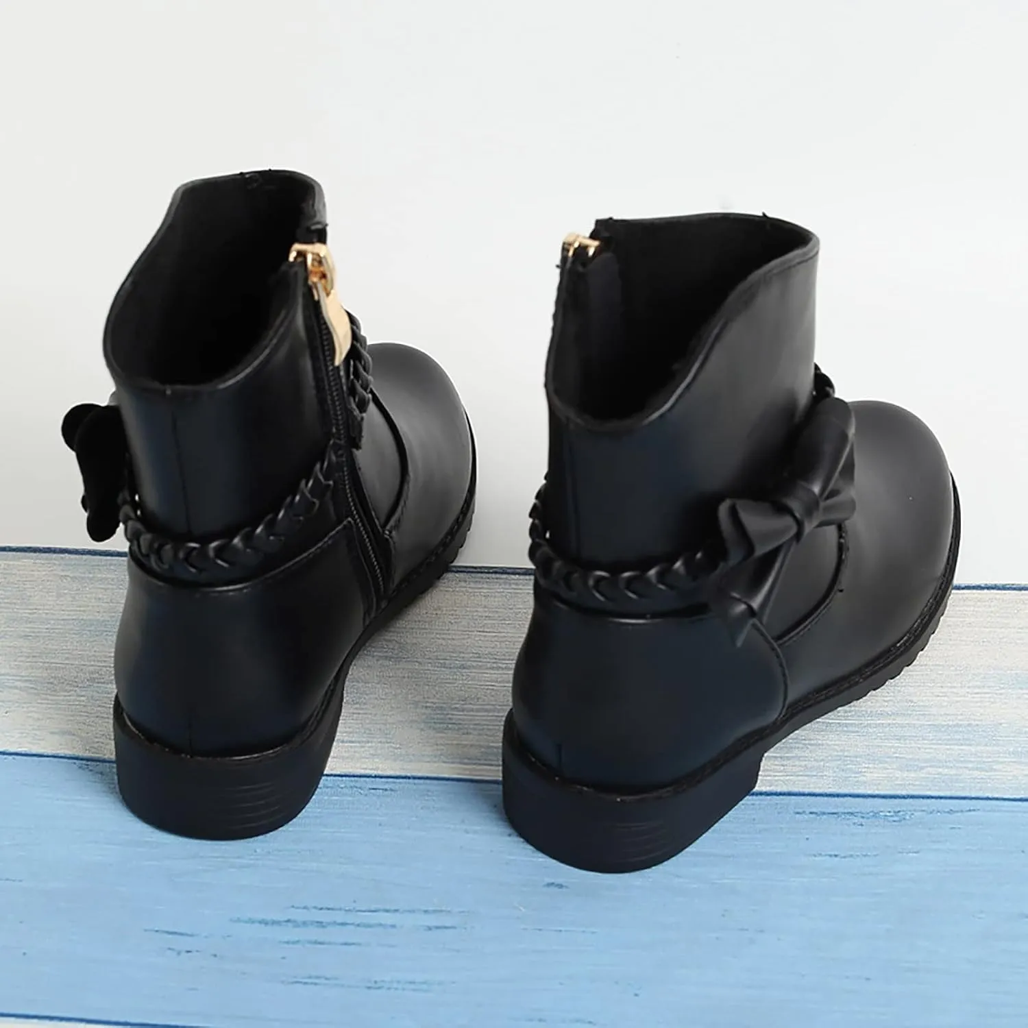 Girls Waterproof Outdoor Side Zipper Ankle Boots Bow Little Kid Low Heel Leather Western Boots Fall Booties