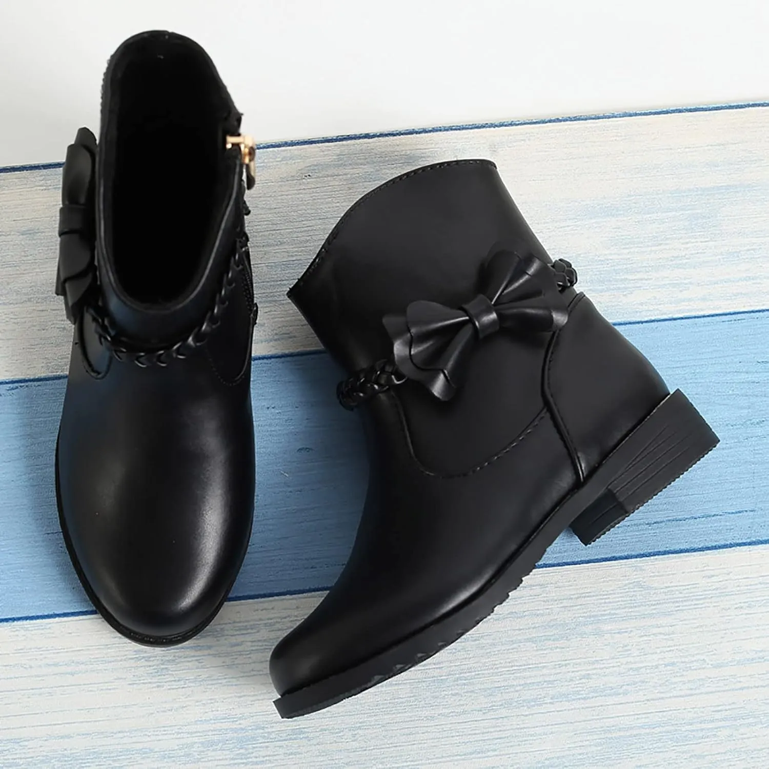 Girls Waterproof Outdoor Side Zipper Ankle Boots Bow Little Kid Low Heel Leather Western Boots Fall Booties