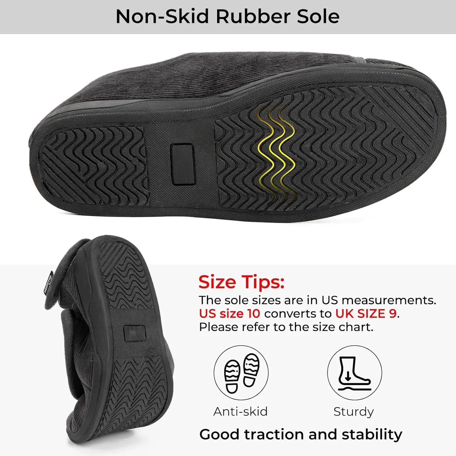 HomeTop Men's Corduroy Slippers Comfy Adjustable Hook and Loop Memory Foam Wide Indoor House Shoes for Diabetic Swollen Feet