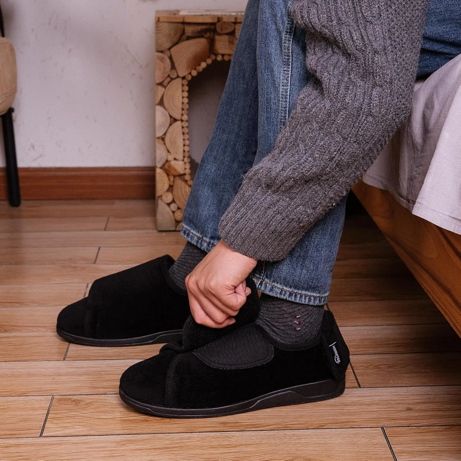 HomeTop Men's Corduroy Slippers Comfy Adjustable Hook and Loop Memory Foam Wide Indoor House Shoes for Diabetic Swollen Feet