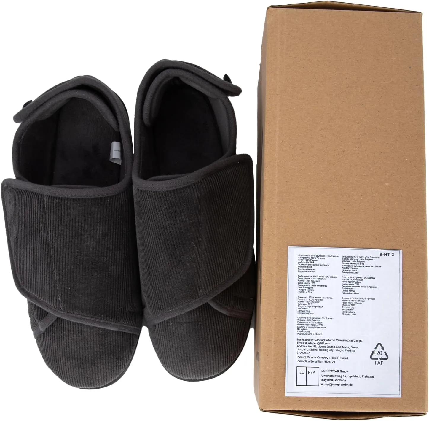 HomeTop Men's Corduroy Slippers Comfy Adjustable Hook and Loop Memory Foam Wide Indoor House Shoes for Diabetic Swollen Feet