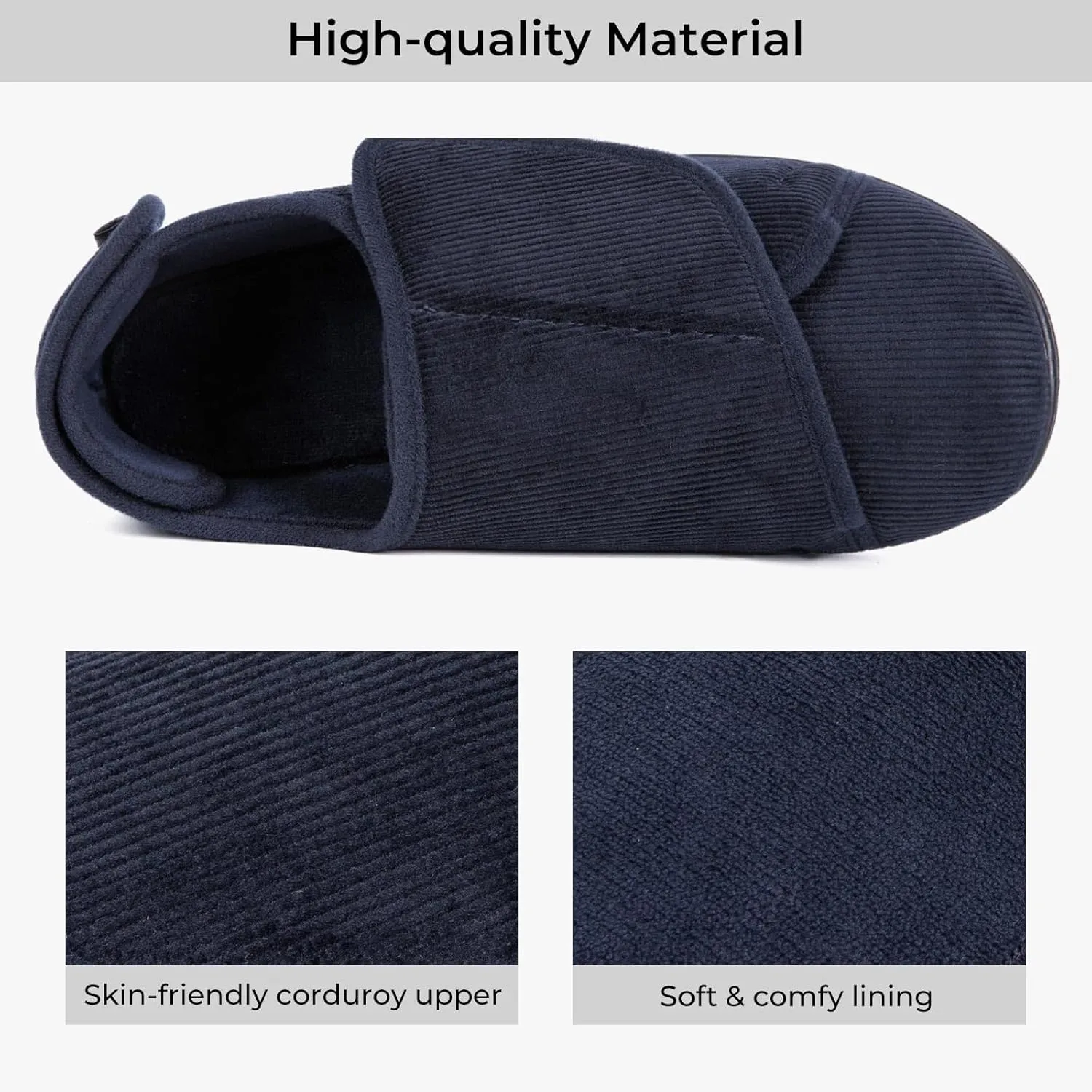 HomeTop Men's Corduroy Slippers Comfy Adjustable Hook and Loop Memory Foam Wide Indoor House Shoes for Diabetic Swollen Feet