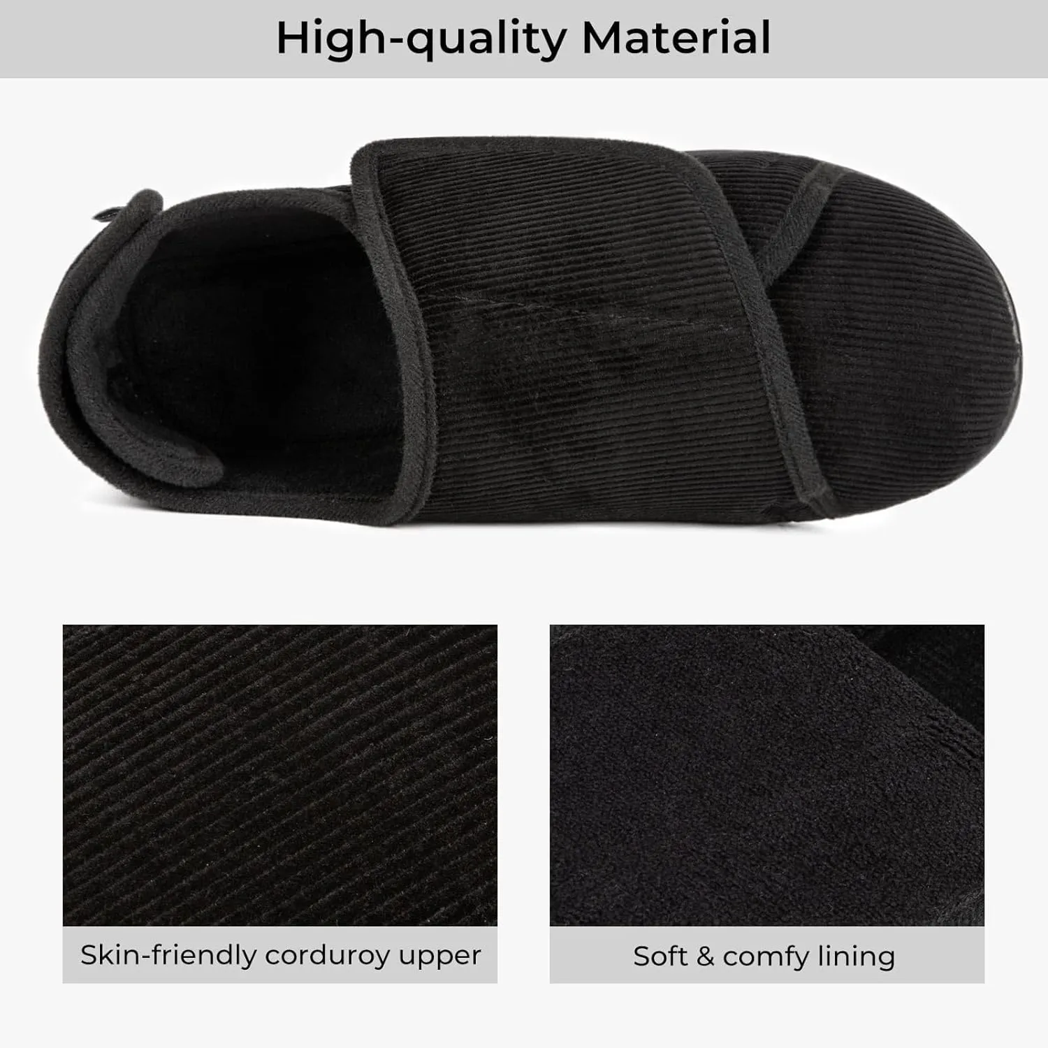 HomeTop Men's Corduroy Slippers Comfy Adjustable Hook and Loop Memory Foam Wide Indoor House Shoes for Diabetic Swollen Feet