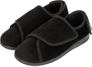 HomeTop Men's Corduroy Slippers Comfy Adjustable Hook and Loop Memory Foam Wide Indoor House Shoes for Diabetic Swollen Feet