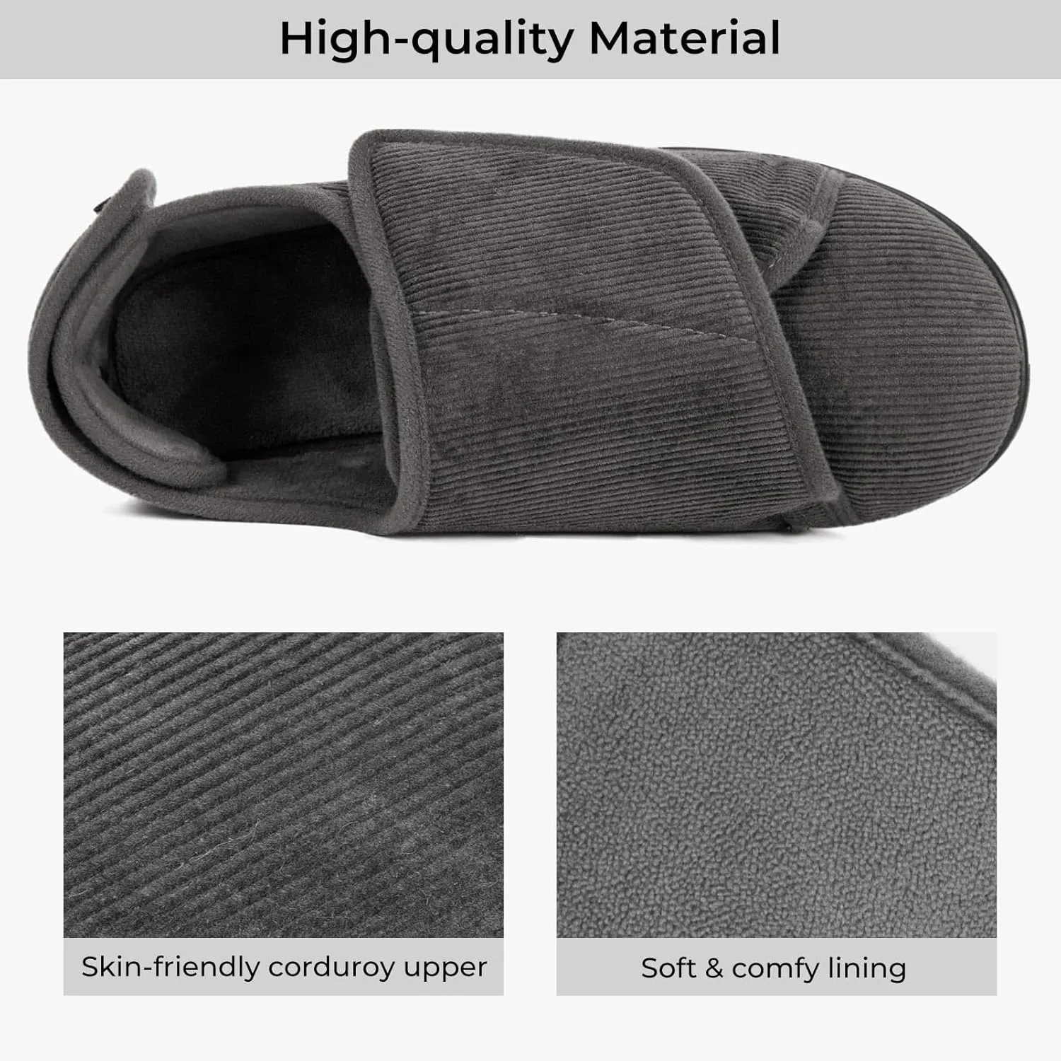 HomeTop Men's Corduroy Slippers Comfy Adjustable Hook and Loop Memory Foam Wide Indoor House Shoes for Diabetic Swollen Feet
