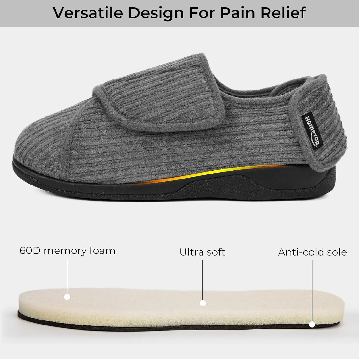HomeTop Women's Corduroy Slippers Comfy Adjustable Hook and Loop Memory Foam Indoor Closed-back House Shoes for Diabetic Swollen Feet