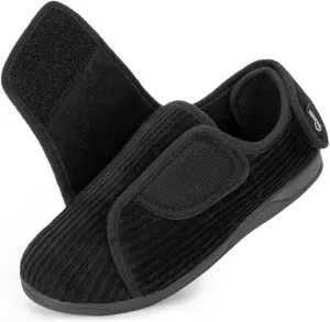HomeTop Women's Corduroy Slippers Comfy Adjustable Hook and Loop Memory Foam Indoor Closed-back House Shoes for Diabetic Swollen Feet