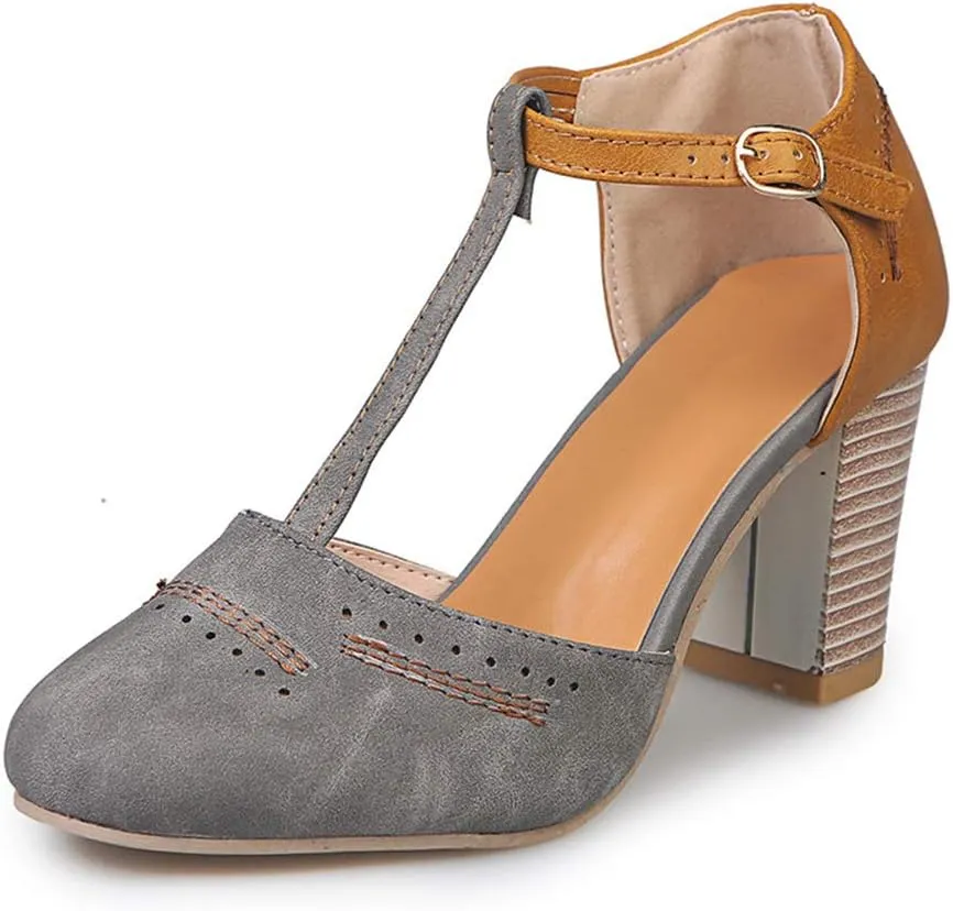 JITUUE Mary Jane Pumps Chunky Heels for Women Round Toe T-Strap Sandals Summer Oxford Shoes with Hollow