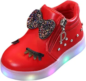 Kids LED Light Up Shoes Crystal Bowknot Boots Shiny Low-Top Sneakers for Boys Girls Child Unisex