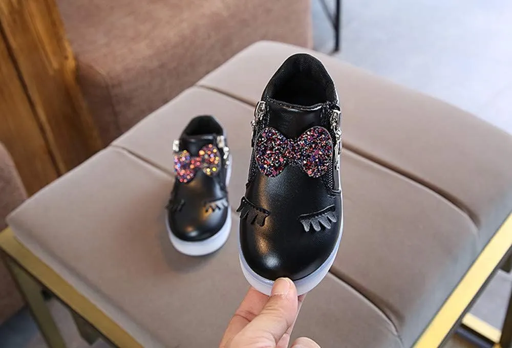 Kids LED Light Up Shoes Crystal Bowknot Boots Shiny Low-Top Sneakers for Boys Girls Child Unisex