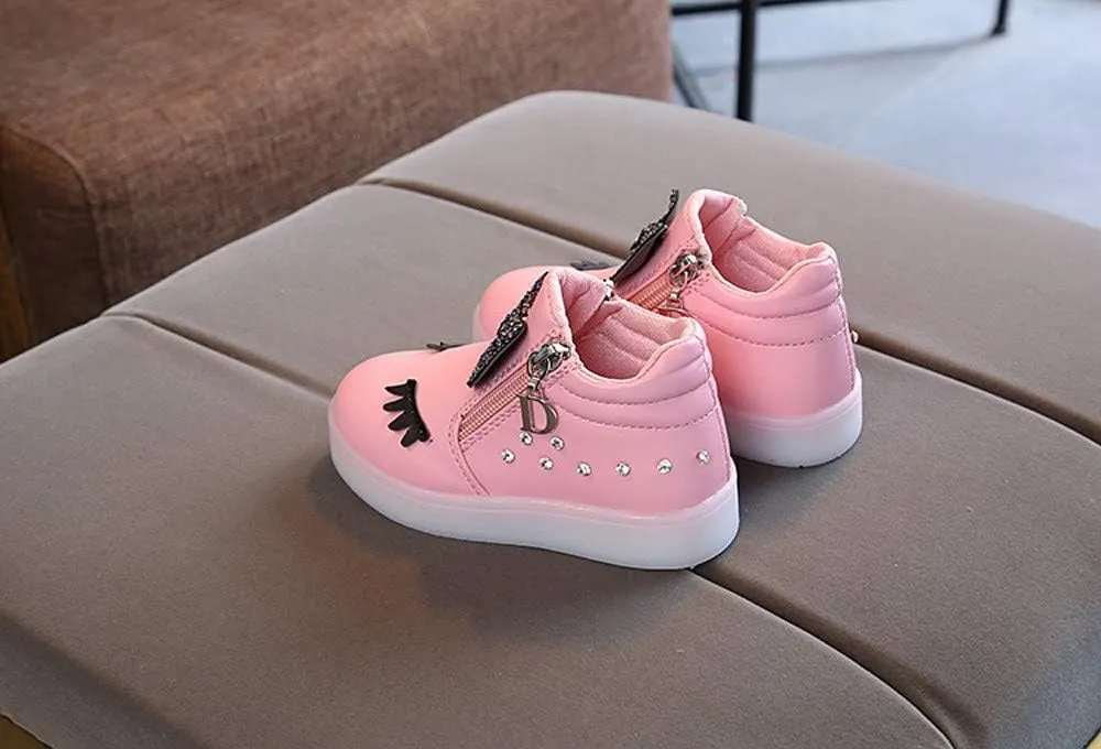 Kids LED Light Up Shoes Crystal Bowknot Boots Shiny Low-Top Sneakers for Boys Girls Child Unisex