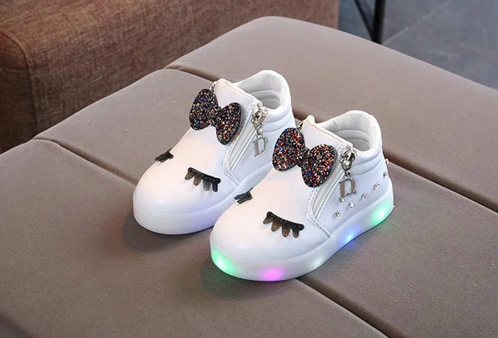 Kids LED Light Up Shoes Crystal Bowknot Boots Shiny Low-Top Sneakers for Boys Girls Child Unisex
