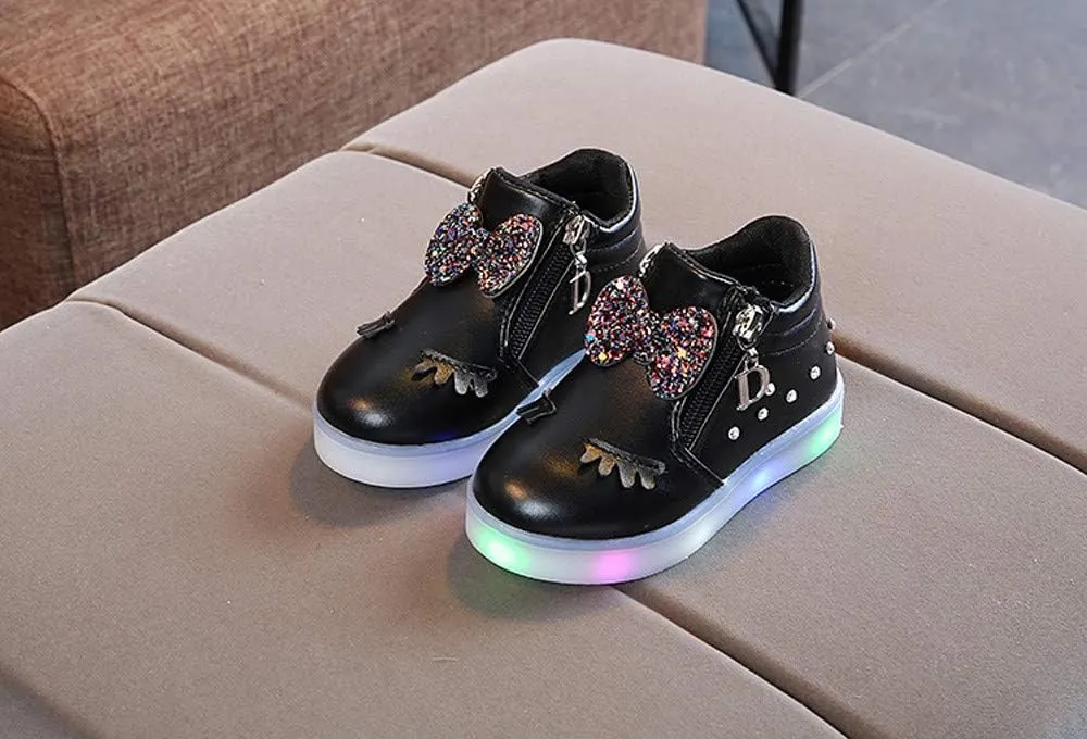 Kids LED Light Up Shoes Crystal Bowknot Boots Shiny Low-Top Sneakers for Boys Girls Child Unisex