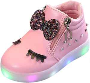 Kids LED Light Up Shoes Crystal Bowknot Boots Shiny Low-Top Sneakers for Boys Girls Child Unisex