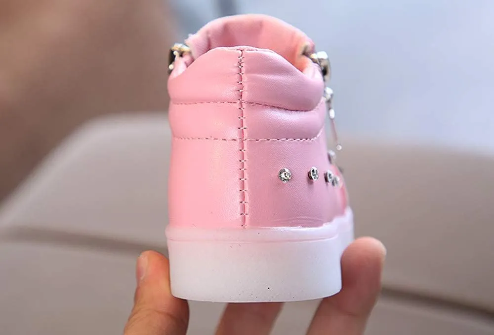 Kids LED Light Up Shoes Crystal Bowknot Boots Shiny Low-Top Sneakers for Boys Girls Child Unisex