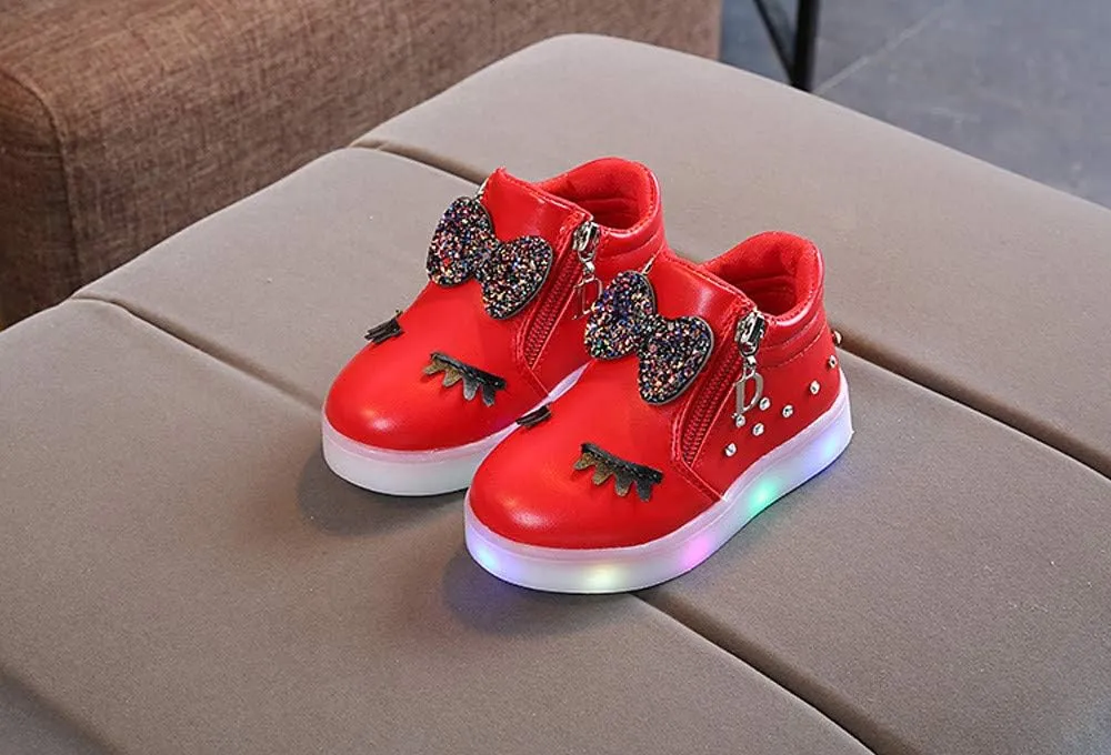 Kids LED Light Up Shoes Crystal Bowknot Boots Shiny Low-Top Sneakers for Boys Girls Child Unisex