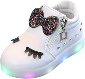 Kids LED Light Up Shoes Crystal Bowknot Boots Shiny Low-Top Sneakers for Boys Girls Child Unisex