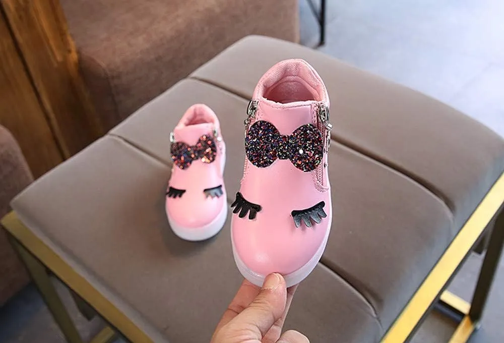 Kids LED Light Up Shoes Crystal Bowknot Boots Shiny Low-Top Sneakers for Boys Girls Child Unisex