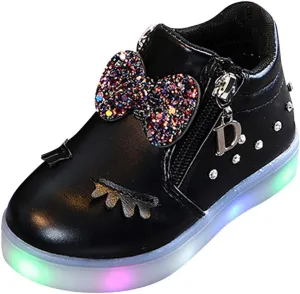 Kids LED Light Up Shoes Crystal Bowknot Boots Shiny Low-Top Sneakers for Boys Girls Child Unisex