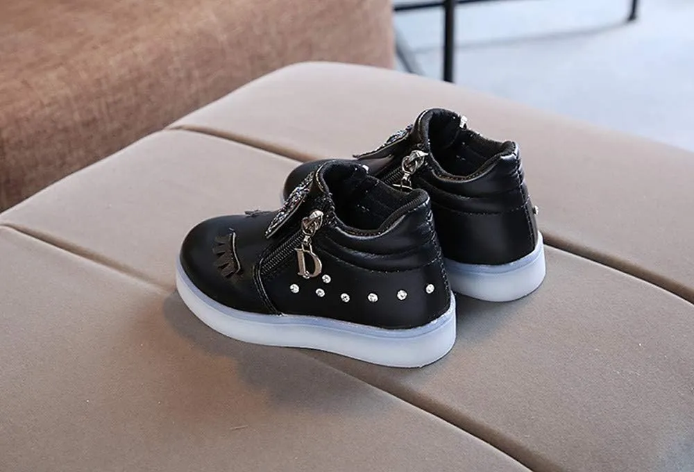 Kids LED Light Up Shoes Crystal Bowknot Boots Shiny Low-Top Sneakers for Boys Girls Child Unisex