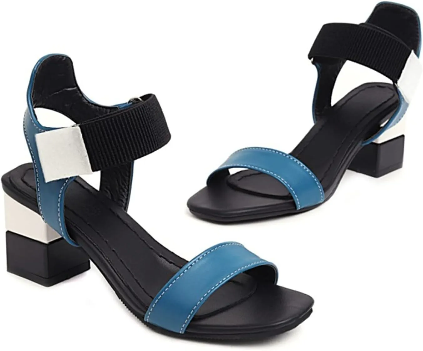Ladies Fashion Blocking Leather Open Toe Hook Loop Thick High Heeled Sandals Square Toe Shoes Sandals Women Beach