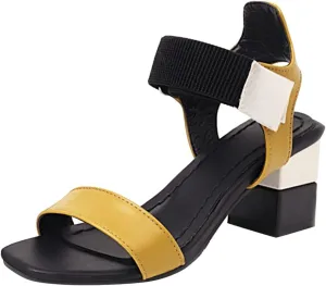 Ladies Fashion Blocking Leather Open Toe Hook Loop Thick High Heeled Sandals Square Toe Shoes Sandals Women Beach