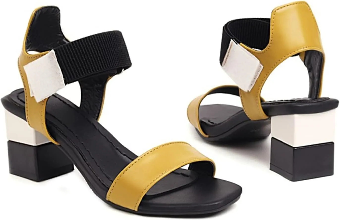 Ladies Fashion Blocking Leather Open Toe Hook Loop Thick High Heeled Sandals Square Toe Shoes Sandals Women Beach