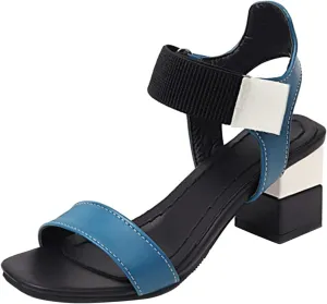Ladies Fashion Blocking Leather Open Toe Hook Loop Thick High Heeled Sandals Square Toe Shoes Sandals Women Beach