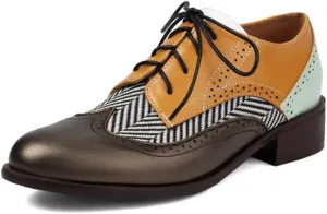 Large Size Heels Womens Leather Oxfords Shoes for Women Perforated Lace-up Wingtip Vintage Brogues Shoes