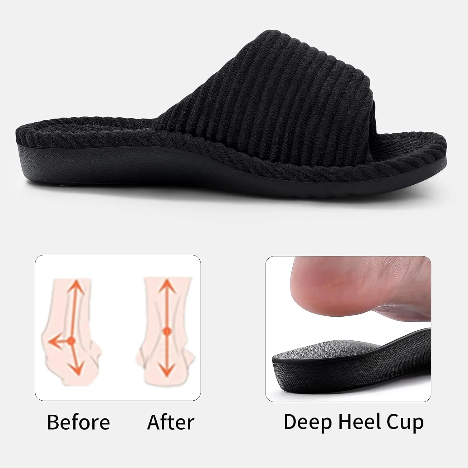 Litfun Orthopedic House Slippers for Women Adjustable Arch Support Indoor Slippers Open Toe Corduroy Bedroom Shoes