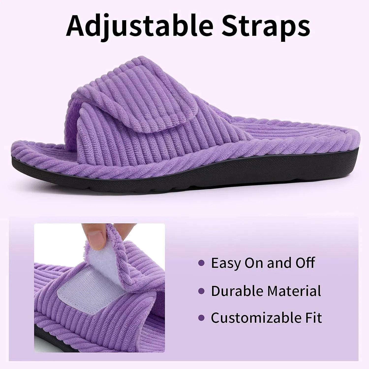 Litfun Orthopedic House Slippers for Women Adjustable Arch Support Indoor Slippers Open Toe Corduroy Bedroom Shoes