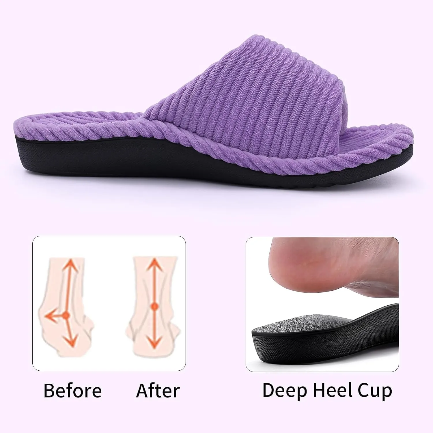 Litfun Orthopedic House Slippers for Women Adjustable Arch Support Indoor Slippers Open Toe Corduroy Bedroom Shoes