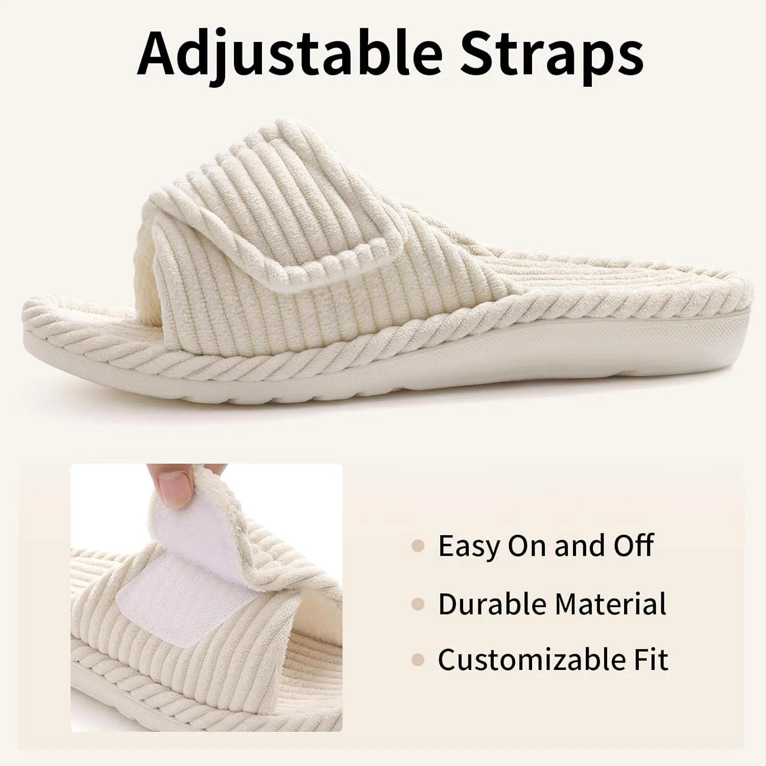 Litfun Orthopedic House Slippers for Women Adjustable Arch Support Indoor Slippers Open Toe Corduroy Bedroom Shoes