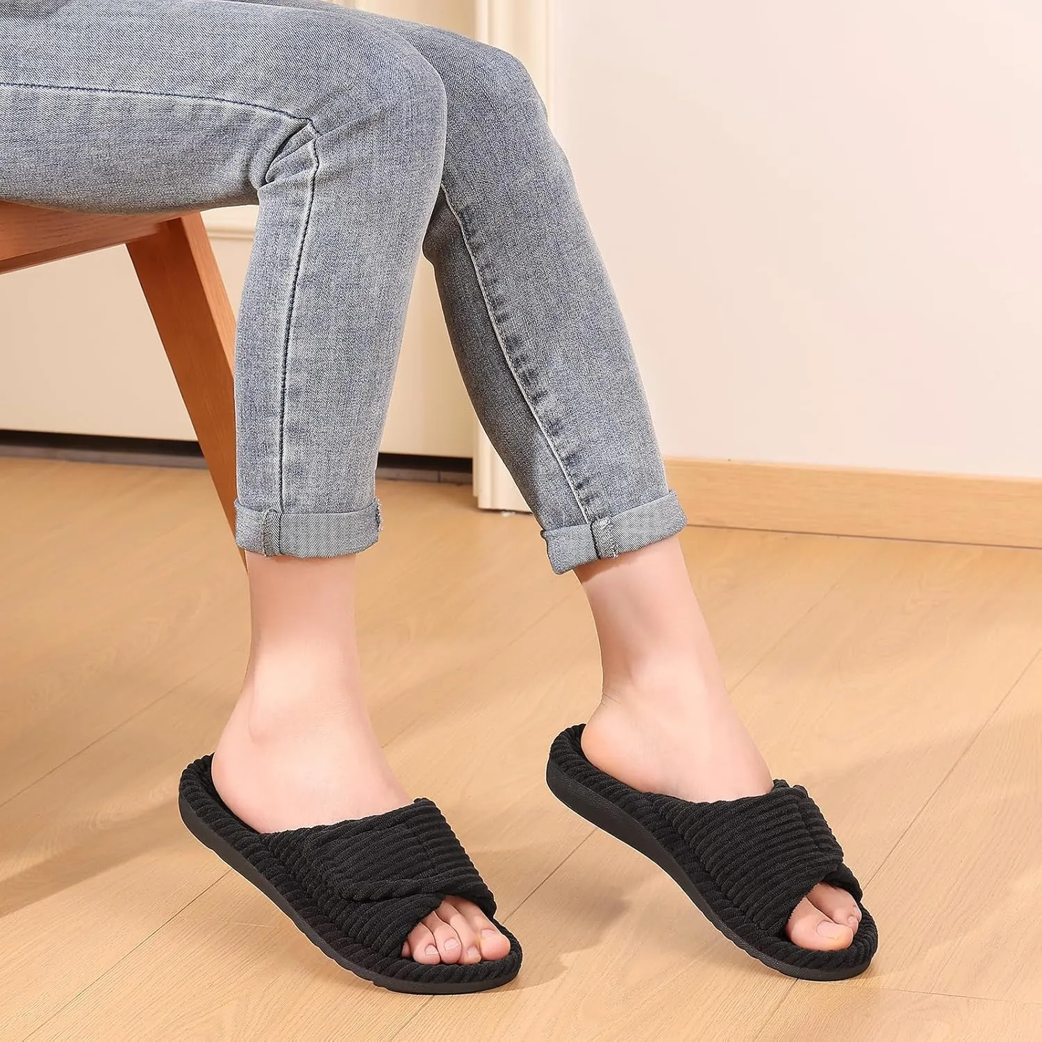 Litfun Orthopedic House Slippers for Women Adjustable Arch Support Indoor Slippers Open Toe Corduroy Bedroom Shoes