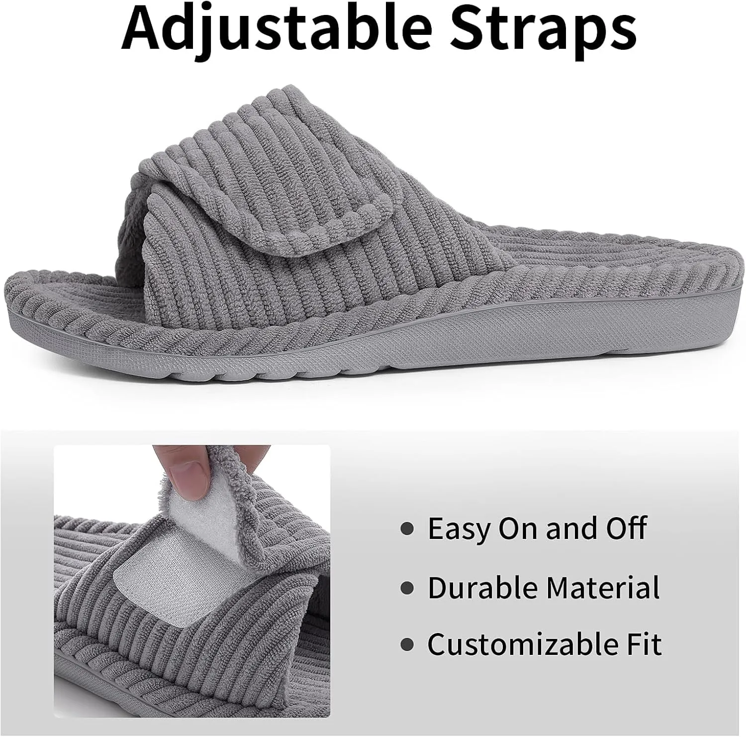 Litfun Orthopedic House Slippers for Women Adjustable Arch Support Indoor Slippers Open Toe Corduroy Bedroom Shoes