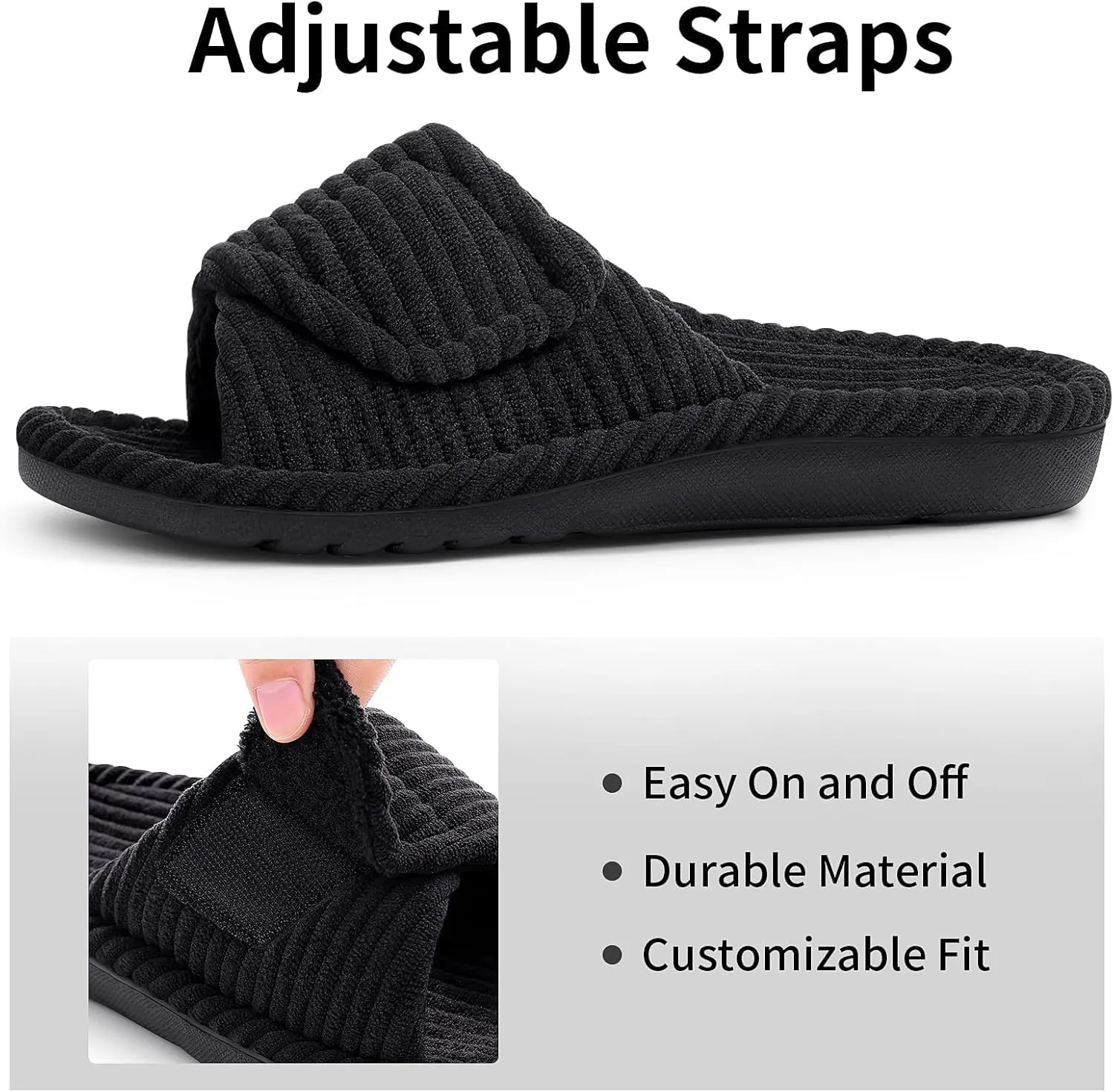 Litfun Orthopedic House Slippers for Women Adjustable Arch Support Indoor Slippers Open Toe Corduroy Bedroom Shoes