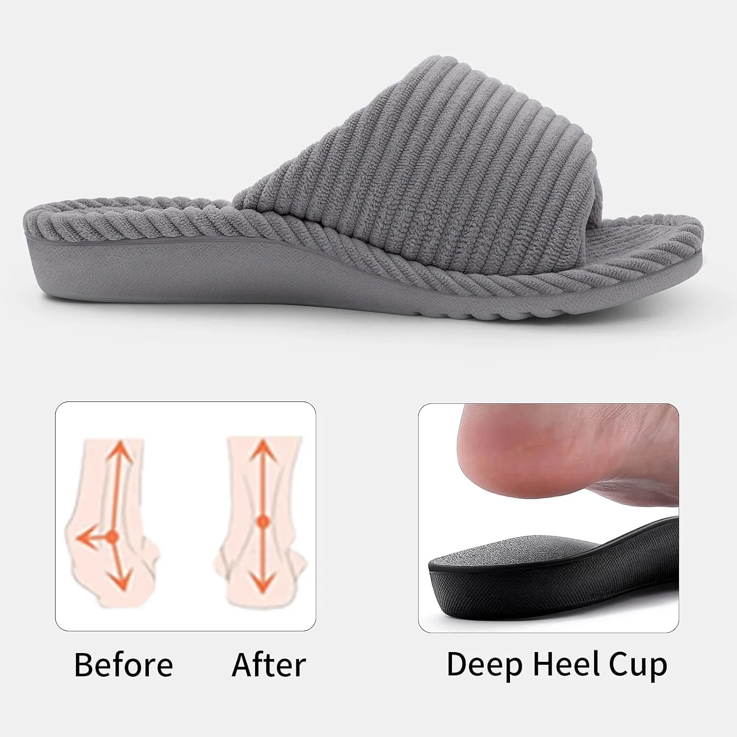 Litfun Orthopedic House Slippers for Women Adjustable Arch Support Indoor Slippers Open Toe Corduroy Bedroom Shoes
